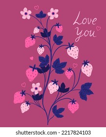 Valentine's day card with strawberries. Vector graphics.