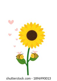 Valentine's day card with sunflower and happy bee cartoon on white background vector illustration.