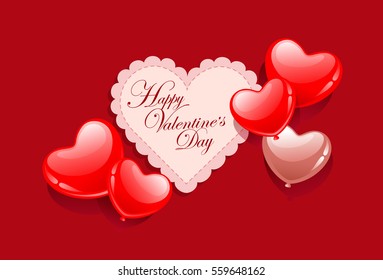 Valentine's Day card surrounded by red and white balloons