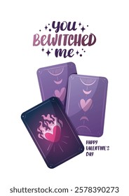 Valentine's Day card with tarot cards. Romantic, magic love, 14 February concept. Vector illustrations.