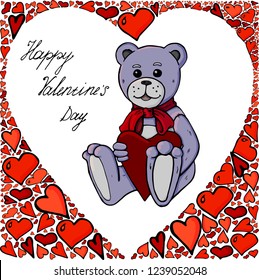 Valentine's day card with a teddy bear and hearts on a white background and the inscription Happy Valentine's Day