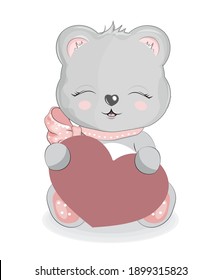 Valentines Day card Teddy bear woth heart, picture in hand drawing cartoon style for greeting. postcard