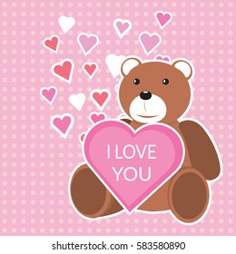Valentine's day card with teddy bear, big heart with text:" I love you", and small hearts