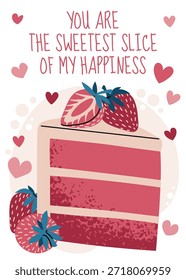 Modelo de cartão de dia dos namorados com fatia de bolo, morango, corações e texto romântico em estilo plano. Doce Encontro, Aniversário, Presente Romântico. Amor de Sobremesa. Para Mídias Sociais, Convite, Faixa, Cartaz