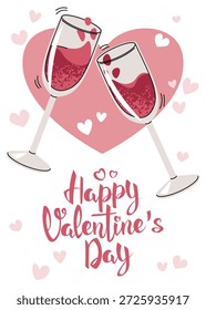 Valentine's Day Card Template with Clinking Wine Glasses and Romantic Toast in Flat Style. Anniversary Date, Wedding, Romantic Dinner. Cheers to Love. Ideal for Banner, Invitation, Social Media, Post.