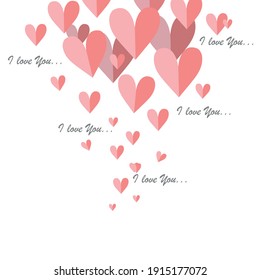Valentine's day card template design I love you text and flying paper cut style hearts on white background. Vector design element.