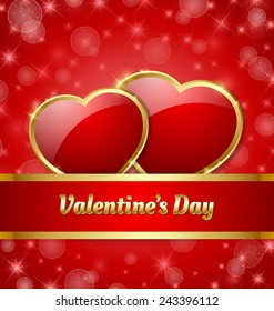 Valentine's Day card template with glossy hearts and glittering effect in the background 