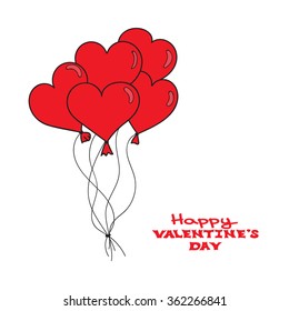 Valentines Day card template. Hand drawn red hearts balloons on white background. Happy Valentines day. Vector illustration