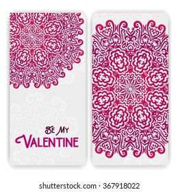 Valentine's day card template. Lacy romantic Indian style invitation. Happy Valentines day lettering. Abstract circle floral ornament. Good for birthday invitation or baby shower. Ethnic design 
