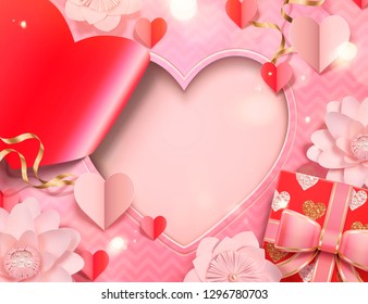 Valentine's day card template with paper heart shape and flowers, gift box in 3d illustration