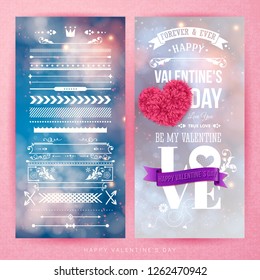 Valentines day card template and set of design elements on different festive, blurred backgrounds. Sparkling, bokeh light effects. Textured backdrop. Typographic lettering. Vector illustration.