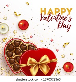 Valentine's Day card template. Square vector illustration with box of chocolate sweets, burning tea candles and sparkling golden confetti.
