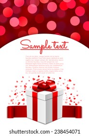 Valentine's Day card template with surprise gift box and bokeh background