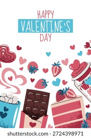 Plantilla de tarjeta de San Valentín con pastel de dulces, fresa, chocolate y caramelos en estilo plano. Dulce cita, aniversario, celebración de amor. Concepto de amor de postre. Para cartel, invitación, etiqueta, Anuncio.