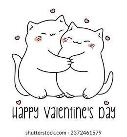 Valentine's Day Card Template. Two cute kitties hugging, with hearts around them. Loving kittens in kawaii style, Happy valentine's day inscription