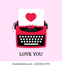 Valentine's Day card template with
  typewriter and sheet of paper with heart. Love concept. Flat design style.