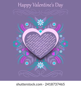 Valentines day card with text in frame of heart shape. Vector illustration pink heart on colorful floral pattern and violet background with lettering Happy valentine day. EPS 10