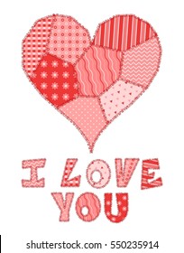 Valentines Day card with text I Love You and heart made of patchwork