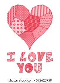 Valentines Day card with text I Love You and heart made of patchwork