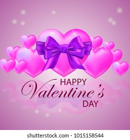 Valentine's day card with text and realistic hearts in violet colors. Valentine's day design. Vector Illustration. Abstract background, poster, banner