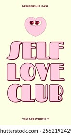 Valentines day card with text Self love club. Cute heart character in trendy retro groovy style. Pink colors. Vector art for social media content and more