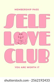 Valentines day card with text Self love club. Lovely heart character in trendy retro groovy style. Pink colors. Vector art for social media content and more