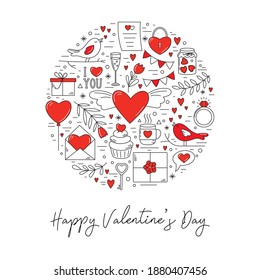 Valentine's day card with text and various holiday elements.