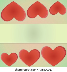 Valentine's Day card. Three lined descending red hearts hanging from above and below on a retro background with space for text.