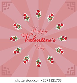 Valentine's Day Card with Three Red Roses make circle frame and corner frame, Text Design, and Decorative Red Background