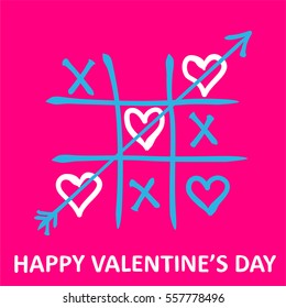 Valentine's Day card. Tic-tac-toe game with  hearts and inscription Valentine's Day on pink background. Vector illustration