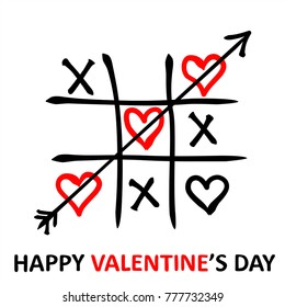 Valentine's Day card. Tic-tac-toe game with  hearts and inscription Valentine's Day on white background. Vector illustration