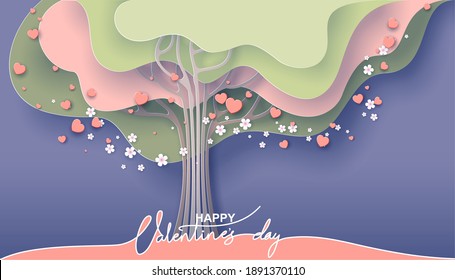 Valentines day card. Tree of love with flowers and hearts. Vector illustration. Paper cut and craft style.