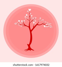 Valentine's day card. Tree with white heart-shaped leaves On a pink background with a gradation of color intensity.