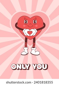  Valentine's Day card in trendy retro 60s 70s cartoon style.Retro groovy cute heart posters. Vector illustration in pink and red colors. Groovy heart.Gesture of love.Postcard, postcard, print