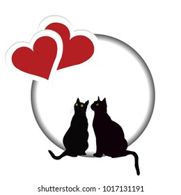 Valentines day card and two black cats   two red hearts