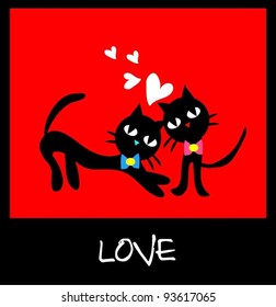 Valentine's day card two black cat kitten with love heat red background