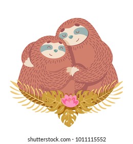 valentines day card with two cartoon sloths and tropical leaves and flowers. 