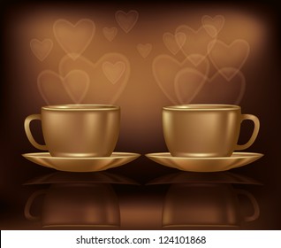 Valentines day card with two coffee and hearts, vector illustration
