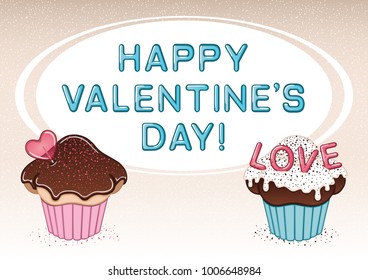 Valentine's day card with two cupcakes, heart shaped lollipop, sprinkles, chocolate and vanilla cream