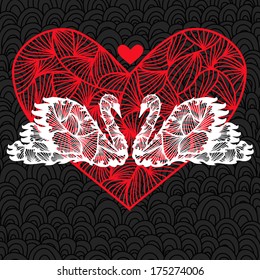 valentine's day card with two elegant white swans and big red decorative heart