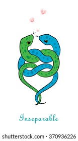 A valentine's day card: two enamored entangled snakes 

