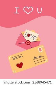 Valentine's Day Card with two envelopes and love note. Simple cute greeting card. Vector illustration.