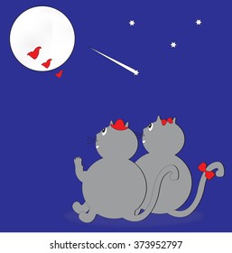 Valentines day card with two funny cats. Cats in love on romantic date, watching full moon. 