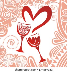 Valentines day card two glasses wine love hearts romantic pattern background vector illustration