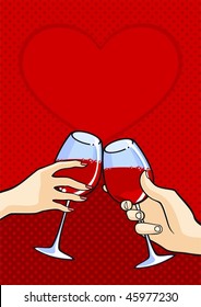 Valentine's day card with two hands with wine