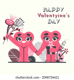 Valentines day card. Two happy smiling hearts are holding hands. Cute Cartoon Characters with Gift and Flowers. Romantic design for cards, invitations, wedding greetings. Vector illustration.
