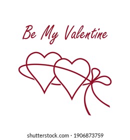 Valentine's day card, two hearts tied with a rope and wish, vector illustration, line drawing.