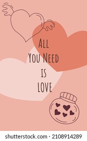 Valentine's day card with two hearts, romantic symbols and All you need is love text. Vector illustration in doodle outline style