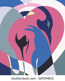 Valentine's day card with two hugging penguins . Vector illustration.