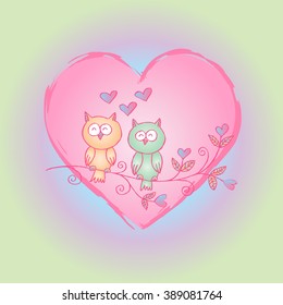 Valentine's Day Card with Two Owls in Love. Hand drawing illustration.